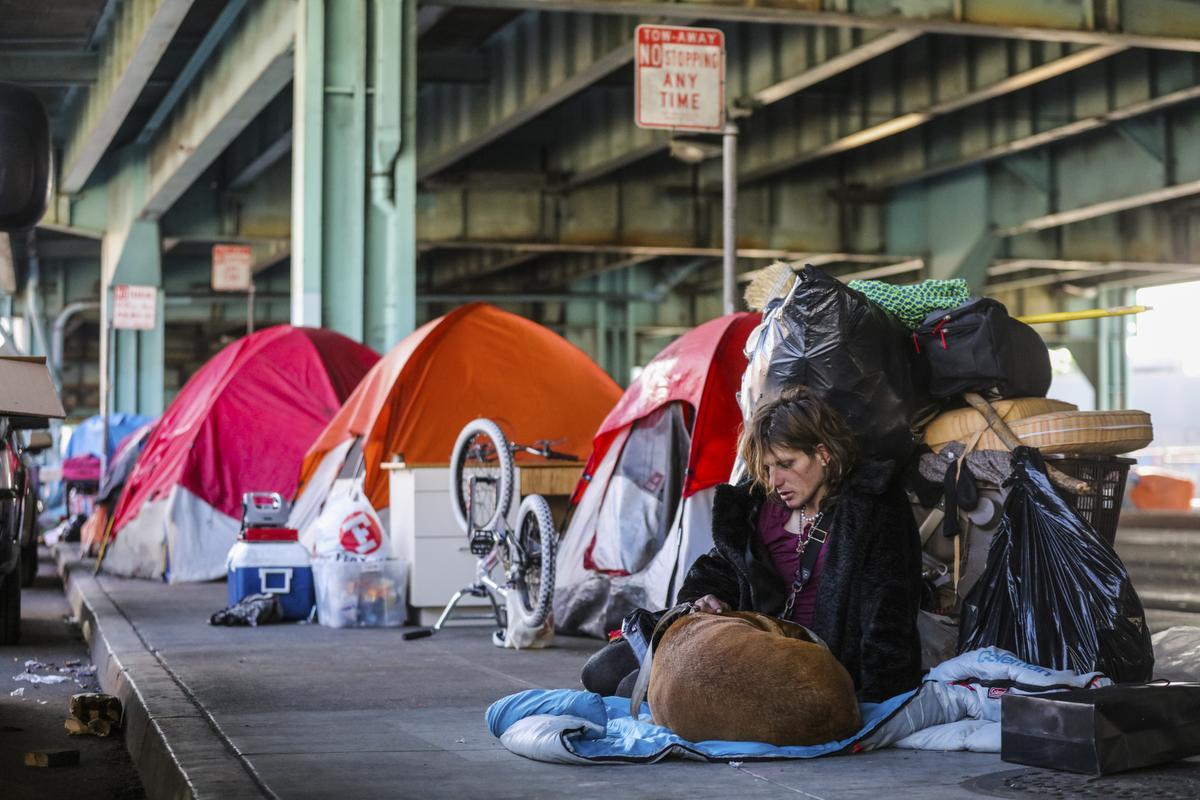 Twitch Napier, who is homeless, sits with her dog, Shiva, near tents set up under the 101 Freeway along Division Street, part of a large homeless encampment, in San Francisco.